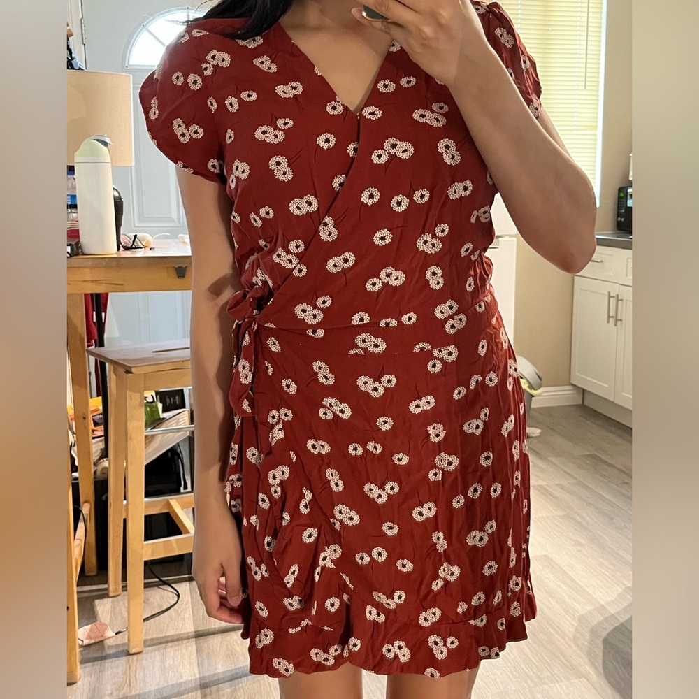 LOFT Red Puff Sleeve Wrap Sundress